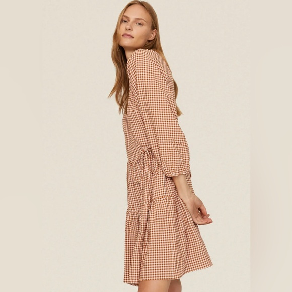 Madewell Brown Gingham puff sleeve Wrap Dress - Picture 2 of 8